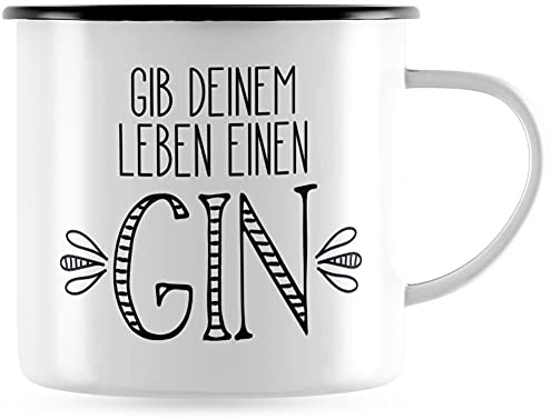 JUNIWORDS Emaille-Tasse, Gib deinem Leben einen Gin, Schwarzer Tassenrand