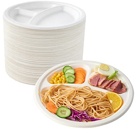 ECOLipak 150 Pack Compostable 3 Compartment Plates, Heavy-Duty Disposable Biodegradable Paper Plates, 8.85 inch Eco-Friendly Sugarcane Bagasse Divided Plates for Dinner