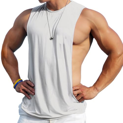 Men's Sleeveless Muscle Stringer Vest Cut Open Gym Training Bodybuilding Tank Top White M