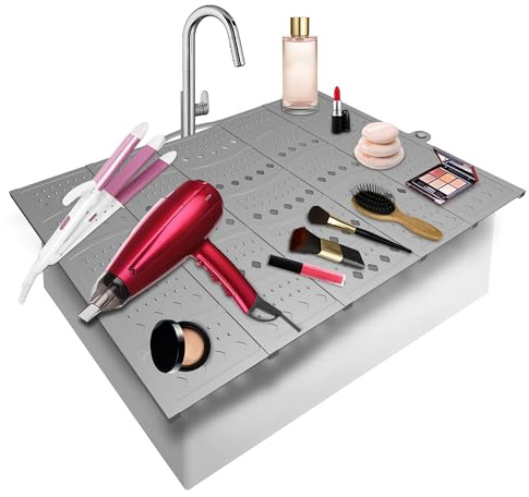 Mofason Couvercle d'évier de salle de bain, économiseur d'espace, tapis de rangement de maquillage en silicone pour dessus de comptoir, petite salle de bain, accessoires indispensables pour