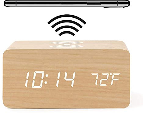 HAPPMY Holz Wecker mit Ladestation,Wecker Digital mit Thermometer, 3 Weckzeiten Digital Uhr, Tischuhr Alarm Clock Batteriebetrieben und USB(Farbe Bambusholz)