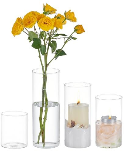 BENECREAT Lot de 4 vases cylindriques en verre, 4 styles de décoration pilier transparent, grand bougeoir flottant pour la maison, le bureau, l'affichage de mariage