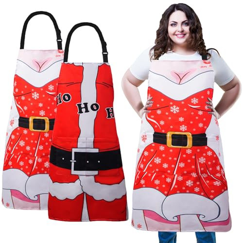 XIEJINJIA 2 Pack Water Resistant Santa Anime Christmas Aprons Wife Husband Funny Xmas Adjustable Long Ties with 2 Pockets Kitchen Cooking Christmas Party Gift Apron BBQ Chef for Men Women