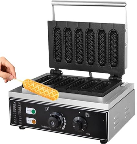 Hotdog Waffle Maker, Commercial Waffle Machine, 1500w 6pcs Electric Corn Hot Dog Waffle Maker, Crispy Baking Corn Dog Waffles Non-stick Maker (Color : Stainless steels, Size : 6 panel Crisp)