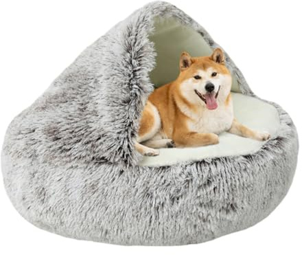 LINGXIYA Weiches Plüsch-Hundekissen, Überdachtes Hundebett, Rund Halb Geschlossener Hundekorb, Haustierbett mit Rutschfester Unterseite, Donut Katzenhöhlenbett für Kätzchen Welpen