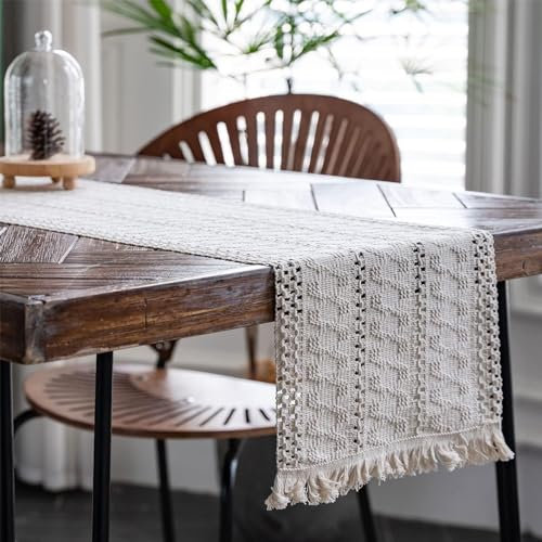 Makramee Tischläufer, 30 x 120 cm,Quasten Tischläufer, Makramee Boho,Fransen Tischläufer, Rechteckige Häkelspitze Mesh Tischdecke, für Hochzeit und Esstisch dekorativer Tischläufer, Beige