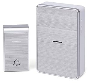 Timbre inalámbrico plateado, conexión continua, fácil instalación; ideal para hogares, oficinas y locales comerciales.