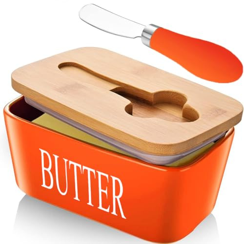 Butterdose mit Deckel Buttermesser Butterdose Keramik Butterdose Glas Butterdose Porzellan Butterschale mit Deckel Butterglocke für 250g Butter (Orange)