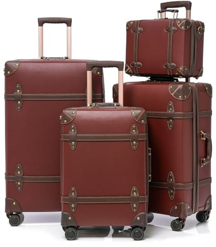Urecity Vintage Reisekoffer Set 4 Teilig Leicht Retro Lederkoffer Hartschale Trolley Handgepäck Sets mit TSA Schloss und 8 Rollen (S-M-L-XL) (Karamell Braun, Kofferset)