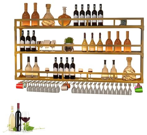 Weinregal Wand Metall Flaschenregal Schmal Wine Rack Bar Regal Wand mit Weinglashalter und LED-Licht Getränkeregal Esszimmermöbel Regal Küche Mehrzweckregal für Home Bar Bartheke Wohnzimmer(Gold,180cm