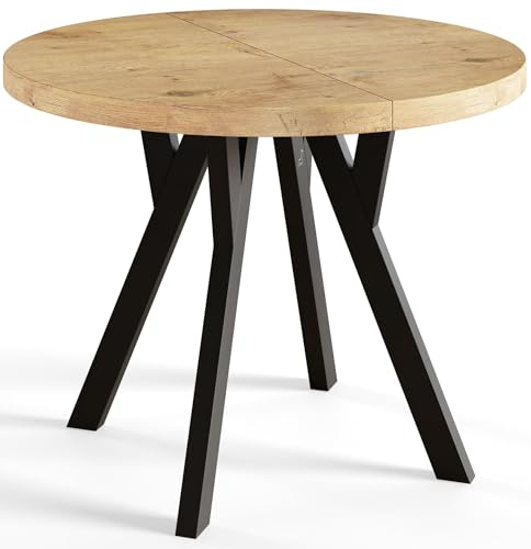 AlpiMeble Esstisch Ausziehbar OVO, 80-130cm, Stabile Beine, Lancelot | Runder Tish, Moderner Design, Wohnzimmertisch und Küchentisch, Stabile Konstruktion, Schwarze Beine