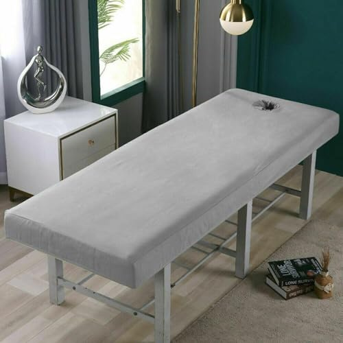 Drap de table de massage, 70 x 190 cm avec trou pour le visage, housse élastique pour lit de massage lavable, réutilisable (gris)