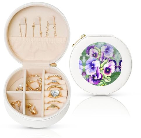 EZDLOWVBA Schmuckkästchen mit Stiefmütterchen-Aufdruck, PU-Leder, Reise-Schmucketui, Mini-Schmuck-Aufbewahrungsbox für Ringe, Ohrringe