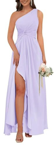 HPPEE Vestidos de dama de honor de gasa de un hombro para mujer con volantes, plisado, vestido formal largo, Lila, 60 Grande