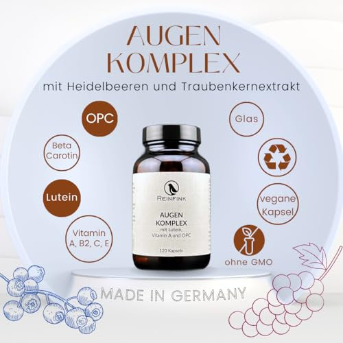 Augenkomplex mit Beta Carotin, Lutein und OPC im Braunglas, vegane Kapseln, hochdosiert, Augen Vitamine zur Unterstützung und Erhaltung der Sehkraft Reinfink®