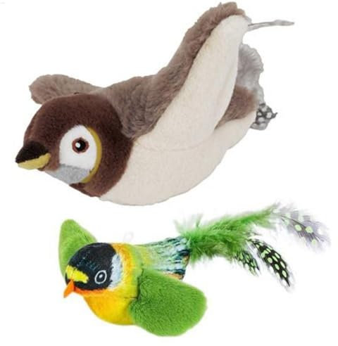 Pavsicgn 2PCS Katzenspielzeug Vogel, Fliegender Vogel Katzenspielzeug, Katzenspielzeug Vogel Flattern, Interaktives Katzenspielzeug Piepsendes Vogelspielzeug Für Katzen(grün Klein, Braun1 Groß)