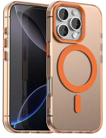 ORBANA Matte Candy Magnetische Kabellose Ladehülle Transparente Hülle für iPhone 16 14 13 12 11 15 Pro Max Plus Stoßfeste Hülle,Orange,Für iPhone 16