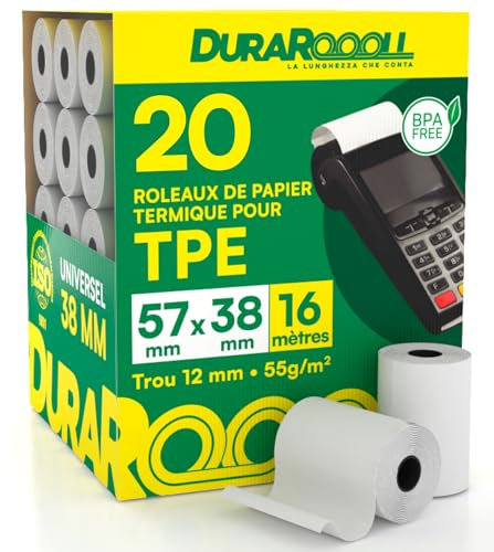 20 Thermopapier 57mm Rollen Kassenbon Pos Terminal - Thermorollen DuraRoooll 57mmx38mmx16m für Kassenzettel Kompatibel mit Nexi SumUp Pax Axerve Ingenico Smart POS - Kartenterminal BPA-free Papier