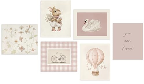 Dazzlewall 6-teilige Rosa Kinderzimmer-Wandkunstdrucke Schwanen-Gemälde, Vintage Häschen-Blumen-Wandkunstposter für Baby-Mädchenzimmer-Dekor 8x10 Zoll ungerahmt