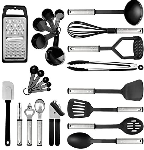 Set di utensili da cucina in acciaio inox, 24 pezzi, antiaderenti e caldi, utensili da cucina, utili pentole e padelle, accessori e gadget da cucina (nero)