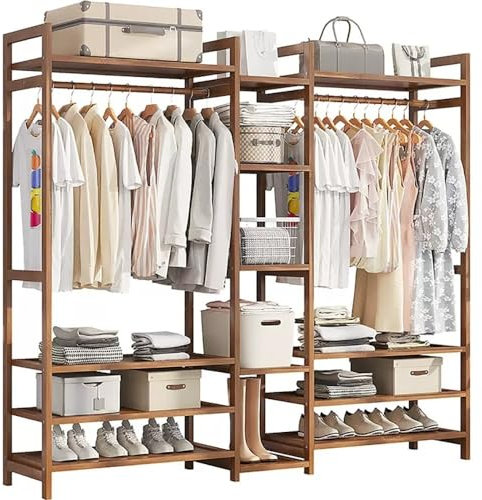 Freistehende Garderobe mit Bodenspiegel, Kleiderständer aus Bambus mit Kleiderstange, 2 Regalen und Haken, freistehende Garderobe für Schlafzimmer, Flur, Aufbewahrungslösung aus Naturholz