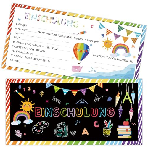 Lemicin 25 Stück Einschulung Einladungskarten mit Umschlägen zum Schulanfang Schulstart für Kinder Junge Mädchen