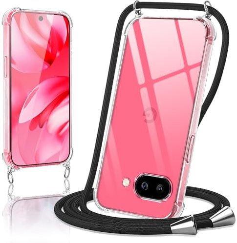 Oelrstfe Handyband Hülle mit Band für Google Pixel 9 A, Necklace Handyhülle mit Kordel Schutzhülle für zum Umhängen, Transparent TPU Case Stoßfest Kratzfest Silikon Cover mit Kette, Schwarz