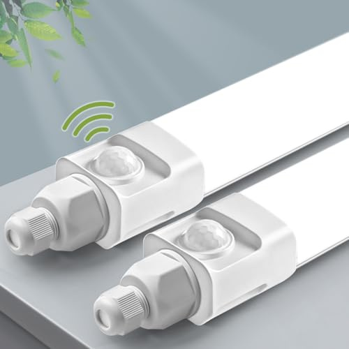 2er Pack LED Feuchtraumleuchte 150cm mit IR Bewegungsmelder, 45W 4000K LED Garagenlampe Kellerlampe Wannenleuchte mit Bewegungssensor, IP65 Wasserfest Deckenleuchte für Für Innen- und Außen