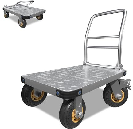 Robuste Plattformwagen, flache Sackkarre, Stahlschieber, 121 x 60 cm, große Plattform mit 20 cm 360 Grad drehbaren Rädern für einfache Lagerung