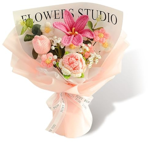 LOMUG Gehäkelte Blumen Blumenstrauß, Häkelblumen Blumenstrauss Künstlich, Häkeln Tulpen, Rosen, für Frauen Freunde Mutter Oma, Muttertag Valentinstag Jubiläen Abschlussfeiern (1, Inkalilien)