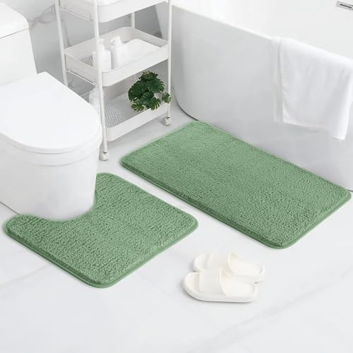 AUAUY Lot de 2 Tapis de Salle de Bain Antidérapant, Comprenant 1 Tapis de Bain(50 x 80 cm) et 1 Tapis WC (50 x 40 cm), pour Douche, Salle de Bain, Vert