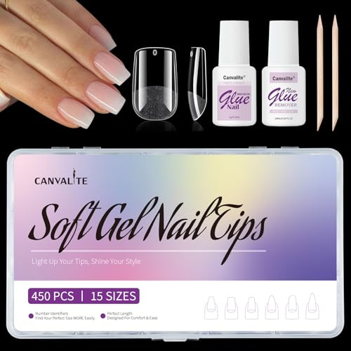 Canvalite Short Square Gel Nail Tips 450pcs Short Square Press on Nails Pre-shape Fake Nails for Full Cover Acrylic Nails False Nails For Nail Extension Home DIY Nail Salon 15 Sizes Gelly Tips