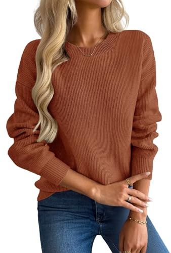Zeagoo Maglioni da Donna UK Girocollo Autunno Inverno Maglione Casual Maniche Lunghe Elegante Pullover Caldo Maglia Grossa Jumper S-XXL, Marrone ruggine., M