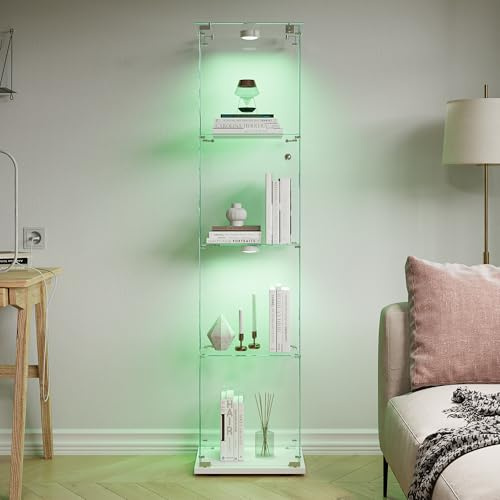 HYTKKBD Stående glasvitrinskåp, premium samlarvitrin med knackljus/LED, 360° panoramablick och tippskydd för vardagsrum, kontor, lekrum (vit, monter med en dörr, 4 nivåer + knackljus)