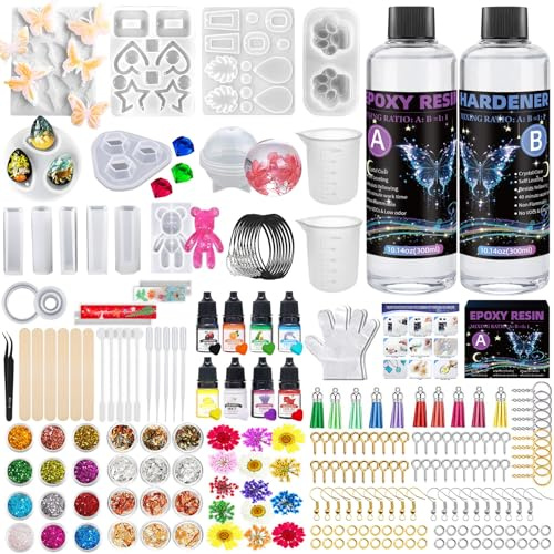 Resina Epossidica Trasparente 600ml,Kit Resina Epossidica Completo,Compreso Stampi per Resinas Epossidicas,Pigmenti Coloranti, Starter Kit per Creare dei Portachiavi,per la Creazione di Gioielli(2)