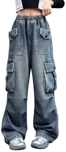 Rolanko Jeans Cargo da Bambina, Pantaloni Larghi Ragazze a Vita Alta Elasticizzati in Denim Vintage con Tasche Multiple, Blu Denim, 11-12 Anni, 160