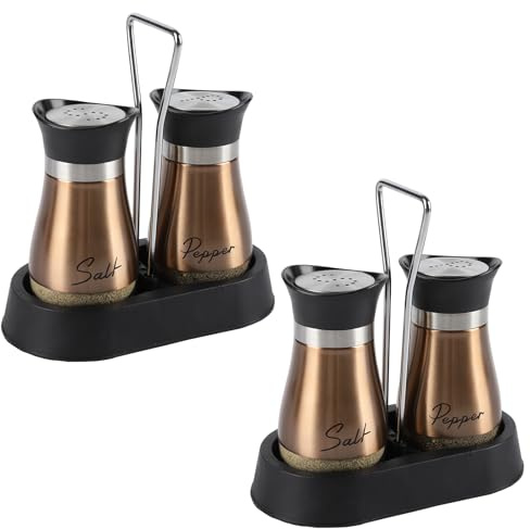 Juego de salero y pimentero, salero y pimentero con soporte, juego de 4 botellas de acero inoxidable y vidrio de acero inoxidable, dispensador de salero para cocinar, barbacoa (dorado)