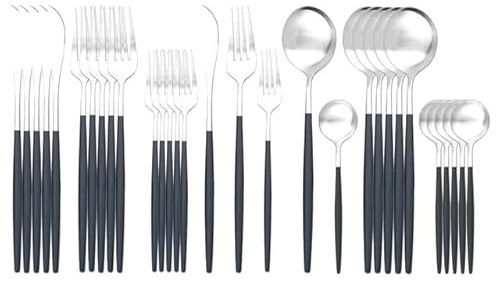 Sporks stainless steel, Dish Set,Silverware Flatware, 30-Piece White and Silver Stainless Steel Cutlery Portuguese Matte Tea Spoon(Black/Silver)