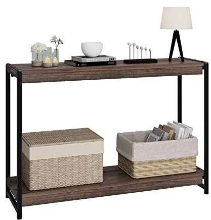 Garvee Mesa Consola rústica de 2 Niveles con Estante – Ideal para Entrada, Pasillo o detrás del sofá – Madera Resistente, fácil Montaje recibidor, Sala y Foyer – Color Nogal Oscuro
