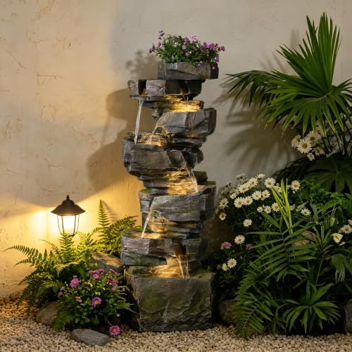 Sunlinua großer Outdoor-Wasserbrunnen aus Resin in Steinoptik mit 7-stufigem Wasserfall-Design und LED-Beleuchtung für Terrasse, Balkon, Garten oder Eingangsbereich, 44L × 32B × 123H cm | Grau
