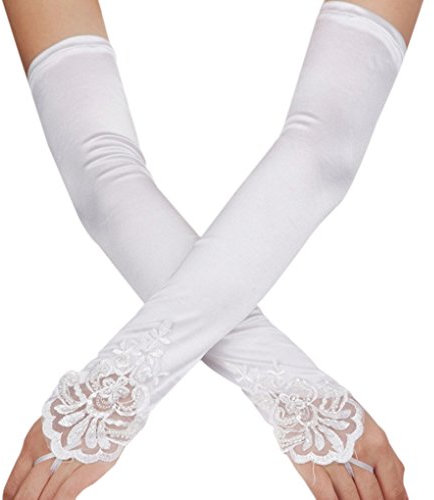 FakeFace Liying Neu Damen Lange Hochzeithandschuhe Brauthandschuhe Fingerlose Spitze Handschuhe Hochzeit Abend Party Satin sexy Spitzenhandschuhe, Einheitsgröße, Weiß