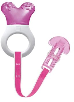 MAM Mini Cooler & Clip Dentaruolo, Massaggia gengive neonati 2+ mesi rinfrescante e lenitivo, Neonato accessori utili facili da afferrare, Con catenella portaciuccio in velcro e clip, Rosa