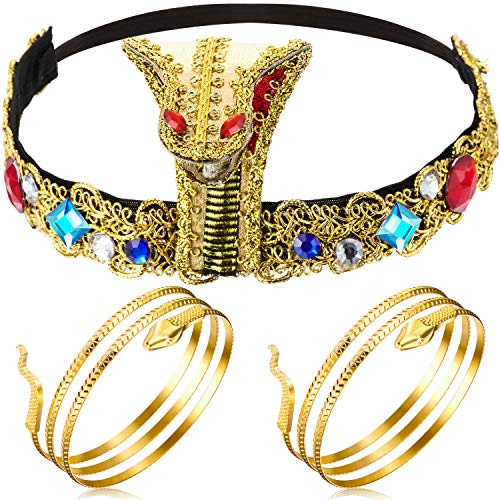 HICARER 3 Stück Cleopatra Kostüm Damen Ägyptischer Kopfschmuck mit 2 Metall-Schlangenarm-Manschetten 24 Cm, Goldfarben Kleopatra Accessoires Ägyptisches Kostümzubehör zum Karneval für Damen Fraun