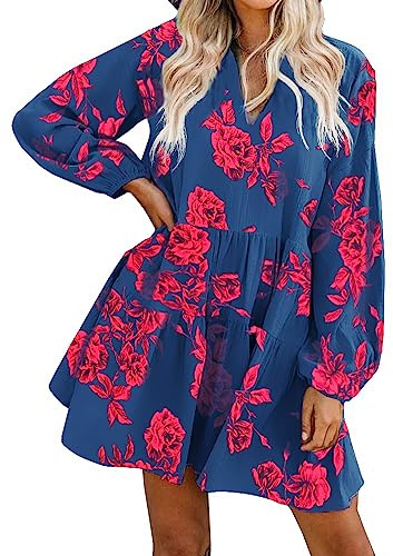 FANCYINN Robe Courte Femme Ourlet à volants Lin Casual Robe Patineus Rouge rose fleuri manches longues XL