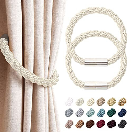 Pretty Jolly 2 Pack Strong Magnetic Curtain Tiebacks Modern Simple Style Drape Tie Backs Convenient Decorative Weave Rope Curtain Holdback for Thin or Thick Home & Office Window Drapery (Beige)
