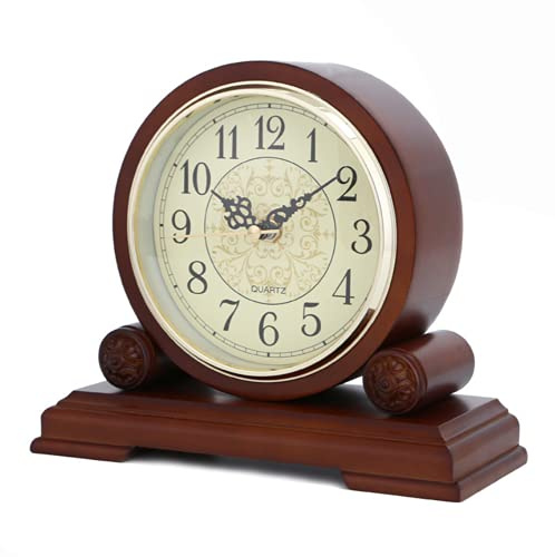 Tikwisdom Horloge de Bureau en Bois Massif, Horloge de cheminée avec Surface en Bronze et Chiffres, Horloge à Quartz silencieuse, Horloge de cheminée 23cm Long Brown