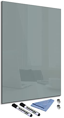 Glas-Magnettafel Grau 60x90 cm Whiteboard Wand Beschreibbar Magnetisch Pinnwand Küche Office Büro mit Zubehör Wochenplaner Abwischbar Deko Memoboard Tafel