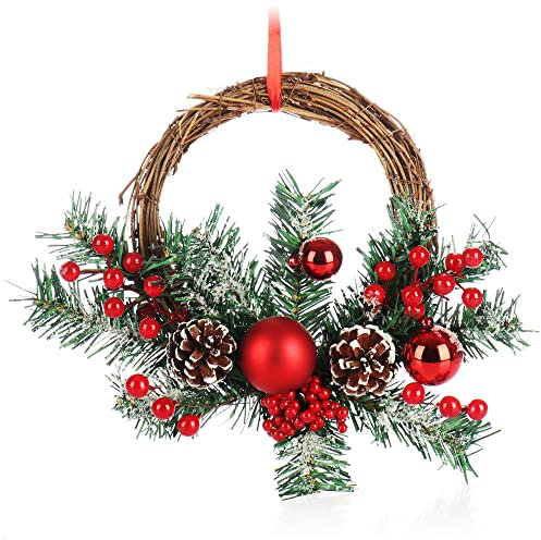 COM-FOUR® Weihnachts-Hänger für die Weihnachtsdeko - Adventskranz zum Hängen an Tür oder Wand - Kranz als Anhänger mit Kugeln und Zapfen (1 Stück - Kranz 27cm braun/grün/rot)