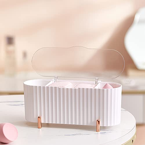 ABS Qtip Holder, 3 Compartments Cotton Pad Storage, Cotton Swab Dispenser, Q-tip Dispenser for Cotton Pads/Cotton Swabs/Beauty Eggs Suitable Bedroom, Bathroom, Dressing Table, Makeup Remover (HZM-02-White-01)