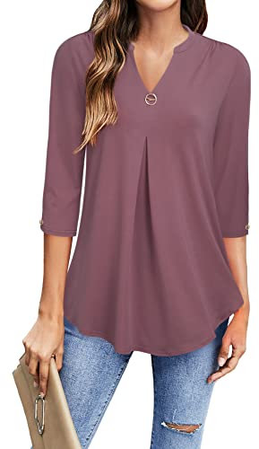 Gaharu Frauen Oberteile Elegant Sommer Modern Lange Blusen Damen für Leggings,Modisch Kleidung Shirts für Damen 3/4 ärmel Tunika Große Größen Classy Weite Blusen Oversize Blusenshirts Dunkelrot,XXL